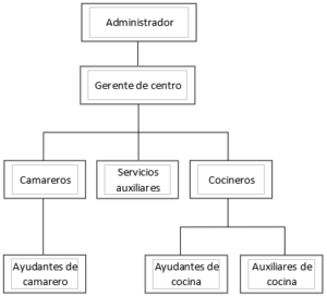Jerarquía: Nivel 1: Administrador, Nivel 2: Gerente de centro. Nivel 3: Camareros y Servicios auxiliares, Cocineros. Nivel 4: Ayudantes de camarero, Ayudantes de cocina y Auxiliares de cocina.